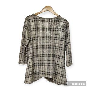 Peck&Peck Gold Metallic And Neutral Plaid Stretch Tunic  3/4 Sleeves Size M